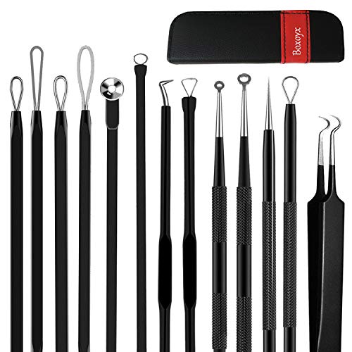 Pimple Popper Tool Kit (7 Pcs) - Boxoyx Blackhead Remover Comedone Extractor Kit with Leather Bag for Quick and Easy Removal of Blackheads, Whiteheads, and Acne Spot Treatment?Black)