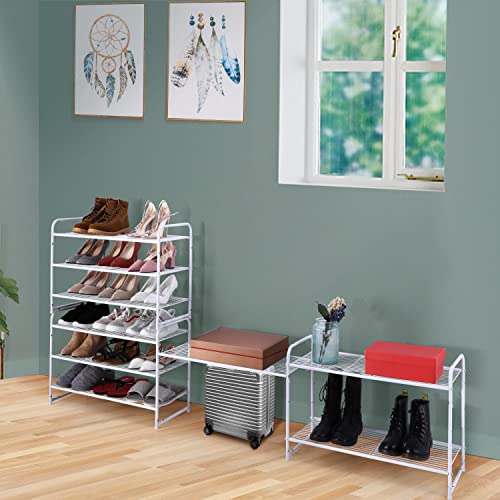 Image of Simple Trending 3-Tier Stackable Shoe Rack, Expandable & Adjustable Shoe Shelf Storage Organizer, Wire Grid, White