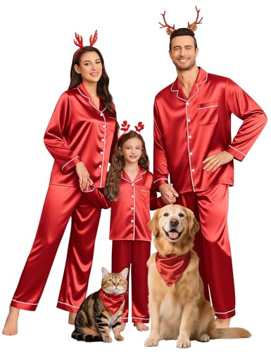 SWOMOG Family Matching Pajamas Set Silk Satin Button Down Sleepwear Long Sleeve Nightwear 2 Pcs Pj Set Women Red Medium