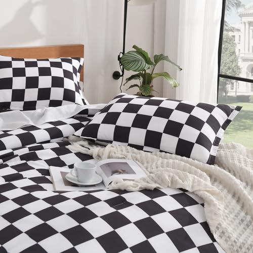 Image of Andency Checkered Comforter Full(79x90Inch), Black White Plaid Gingham Buffalo Grid Bed Set for Boys Kids Teens, 3 Pieces Lightweight Polyester Geometric Preppy Bedding