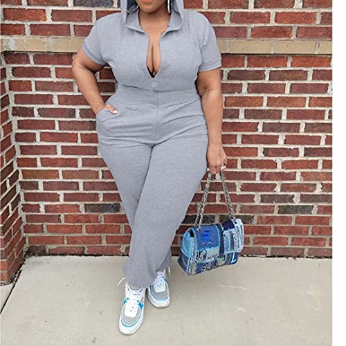 One Piece Jumpsuits For Women - Short Sleeve Hoodie Zip V Neck Bodycon Long Romper Playsuits Gray 1X #TOP2