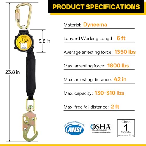 Image of TRSMIMA Retractable Lanyard Fall Protection: 6FT Webbing Self Retracting SRL Fall Arrest for Safety Harness Construction Workers