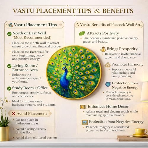 Image of Peacock Round Wall Art Painting With Frame For Living Room| Vastu-Inspired Wall Art Framed Painting | Round Artistic Wall Hanging for Home, Bedroom, Office & Gifting, 12 Inch