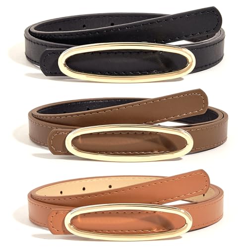 3 Pack Skinny Women Faux Leather Belt for Jeans Ladies Solid Color Thin Waist Belt for Dresses Adjustable with Gold Buckle 0.7" Width2