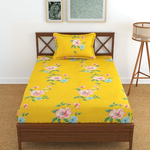 Image of KAWI Single Bedsheet Elastic Fitted 72X48X6 Inches Glace Cotton with 1 Pillow Cover (72 inchX 48 inchXup to 8 Inche Mattress) Yellow Floral Print