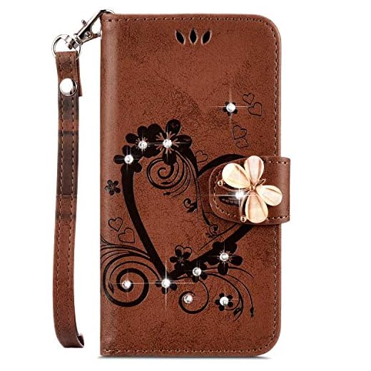 IKASEFU Compatible with iphone 6/6S 4.7 inch Case,Shiny butterfly Rhinestone Emboss Love Floral Pu Leather Diamond Bling Wallet Strap Case with Card Holder Magnetic Flip Cover For iphone 6/6S,brown