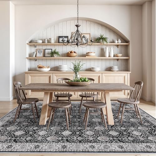 Washable Large 9x12 Area Rug: Indoor Oriental Living Room Carpet with Non Slip Backing Ultra Soft Low Pile Rugs for Bedroom Dining Room Distressed Stain Resistant Thin Floor Mat (9x12 Black)