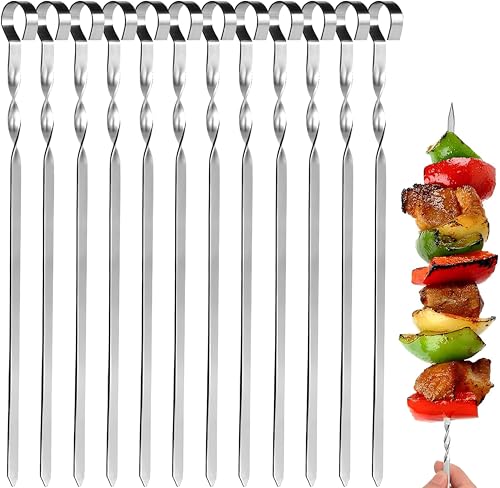 12 Piezas Brochetas Planas para Barbacoa de Acero Inoxidable, Pinchos para Barbacoa Reutilizables y Resistentes, Ideal para Parrilla, Pinchitos, Pinchos Morunos y BBQ, 35cm