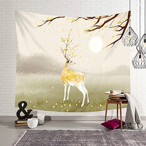 Tapiz de pared con ciervo para salón amarillo y beige de poliéster 150x150 cm