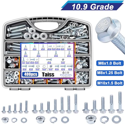 Image of Taiss 400PCS Metric Flange Bolt Assortment Kit,10.9 Grade M6x1.0 /M8x1.25 /M10x1.5 Bolts(12mm to 45mm) Assorted White Zinc Galvanized Hex Metric Nuts and Bolts Washers Set for Automotive