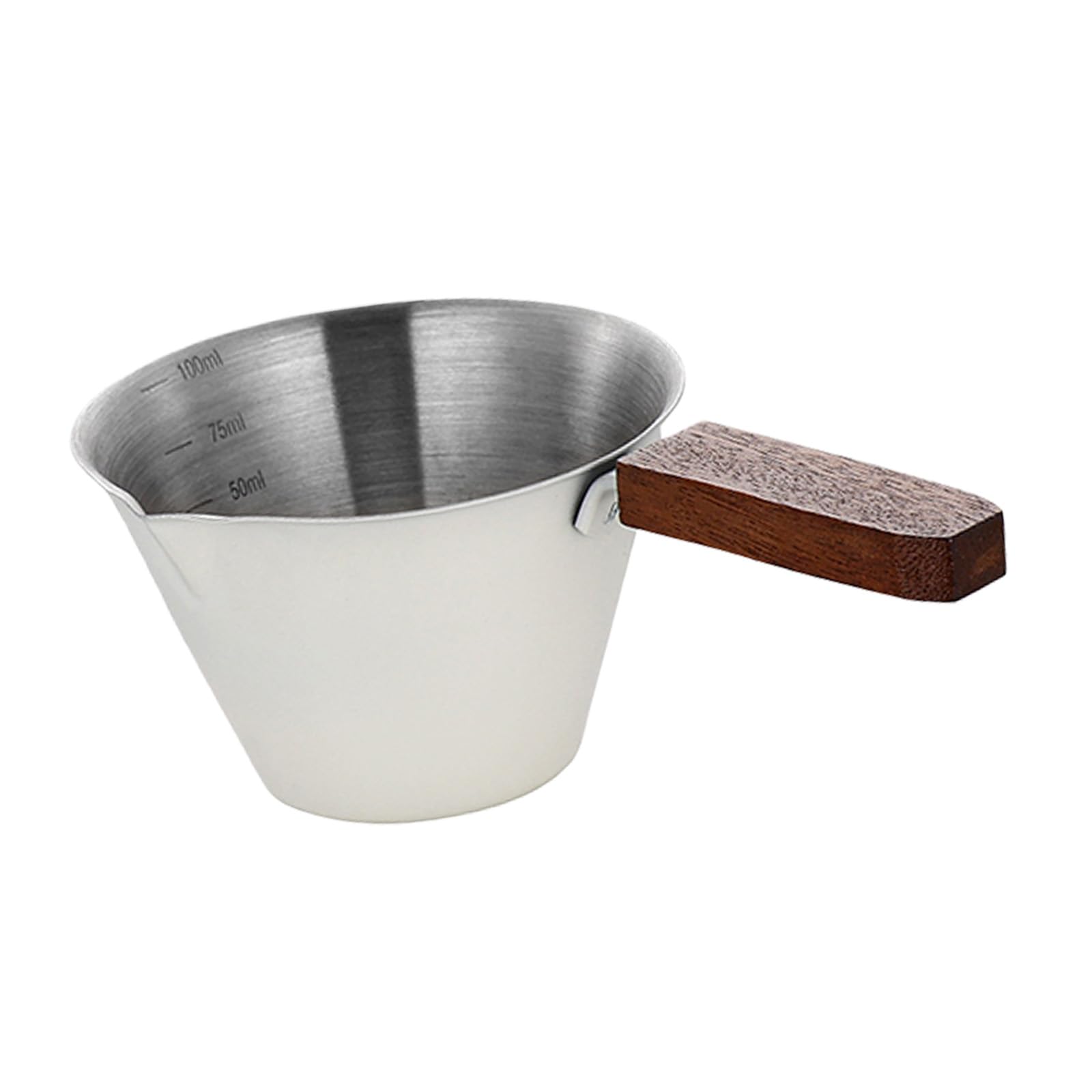 LUCKGONI 304 Nonrust Steel Espressos Measuring Cup with Wood Handle for Comfortable Grip and Accurate Liquid Measurement