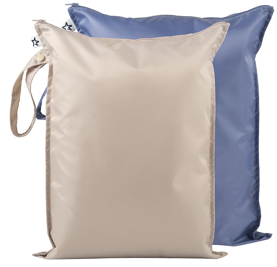 Image of Tiny Twinkle Mess-proof Wet Bags 2 Pack Waterproof and Washable Bag for Travel storage, Stroller, Daycare, Baby Diapers, Yoga, Beach, Pool, Wet Toddler Swimsuits (Periwinkle,Pebble)