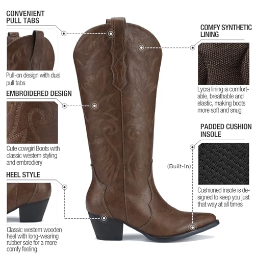 Image of Rollda Cowboy Boots for Women Cowgirl Boots Embroidered Knee-High Western Boots Pointy Toe with Chunky Heel