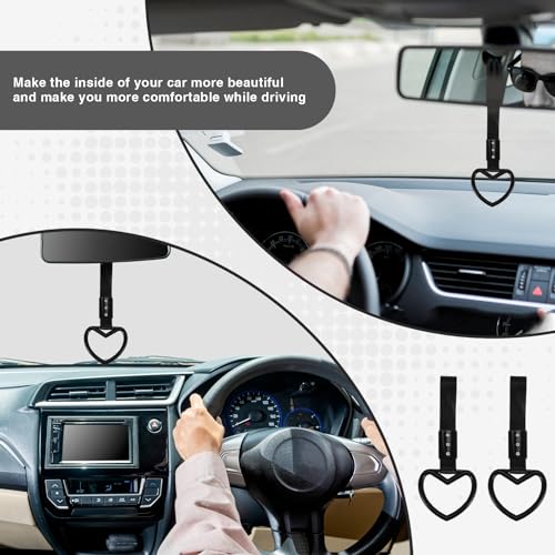 Image of 2PCS Heart Shaped Car Handle Straps, Rear Bumper Warning Keychain Ring for Car Exterior Accessories (Black)