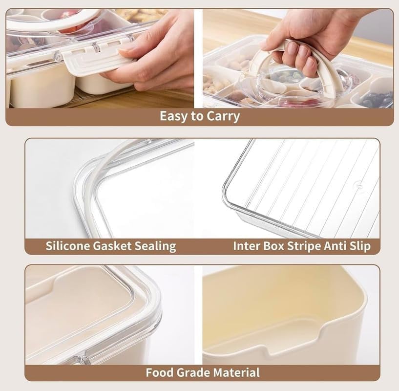 Image of TopinonDivided Veggie Tray with Lid and Handle 9 Compartment Serving Tray with Dividers Portable Travel Snack Containers Stackable Box Charcuterie Container for Fruit,Vegetable,Salad (9 Grid - 1 PC)