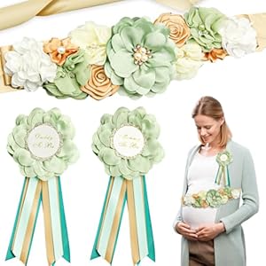 3Pcs Maternity Sash Mother To Be & Daddy To Be Baby Shower Set, Green Flower Baby Shower Sash Belly Belt Decoration for Mommy Girl, Pregnancy Sash Expectant Parents Gender Reveal Party for Baby Shower