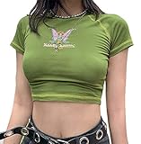 E Girl Clothing for Teens Y2K Top Fairy Butterfly Print Graphic Shirt Crop Top Green S