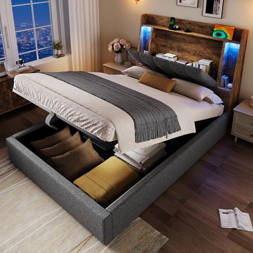 LAKFEW Cama Individual Camas Juveniles 90x200 cm con USB y Luz LED, Cama 90 Cama Infantil con Cabecero Almacenaje y Almacenamiento Hidráulico, Camas Individuales Tapizada, Lino, Gris, Sin Colchon