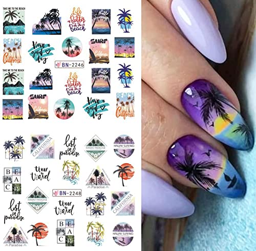 Summer Nail Art Stickers Water Transfer Decals With Coconut Tree Ocean Beach Design Summer Nail Art Supplies Fashion Nail Stickers Foils For Women Manicure Tips Decorations Kit 12 Sheets #TOP2