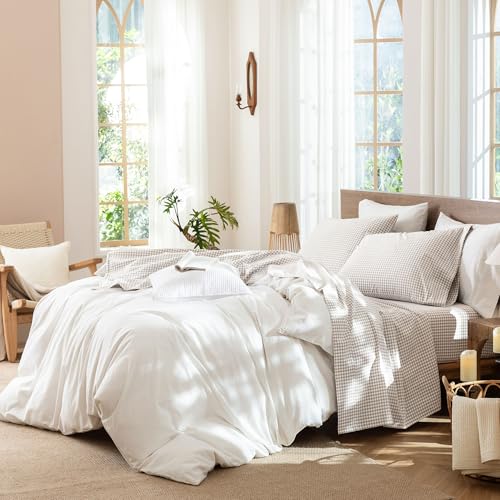 Image of MooMee Gingham Sheet Set 100% Washed Cotton Linen Like Textured Breathable Soft w /Fully Elasticized 16-19 inch Deep Pocket (Mini Gingham Tannish Linen Grey, Queen)