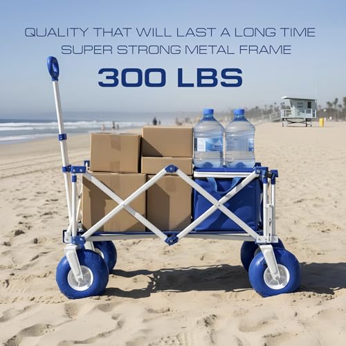 Image of Beach Wagon with Big Wheels for Sand - Heavy Duty Collapsible Folding Utility Wagon Cart 300lbs Capacity with 9 inch All-Terrain Pneumatic Tires & Cup Holders - Portable Garden Camping Outdoor Cart (Blue)