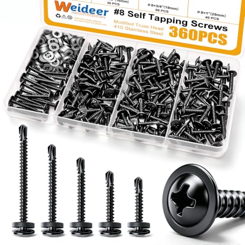 weideer 360pcs Self Tapping Screws for Metal, #8 410 Stainless Steel Sheet Metal Screws, Black Oxide Truss Head Self Drilling Screw with Rubber Washer,Length 1/2" to 1-1/4''