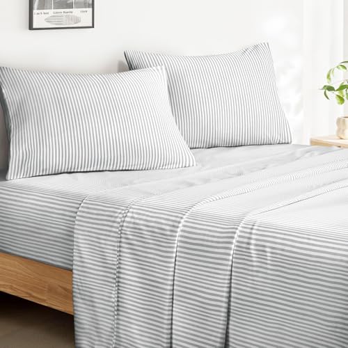 Image of Wake In Cloud - Striped Bed Sheets, 4-Piece Sheet Set, Ticking Vertical Pin Stripe Modern Farmhouse Pattern Printed Bedding, Deep Pocket, Gray White, Queen Size