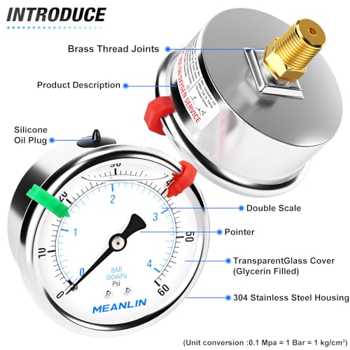 Image of MEANLIN MEASURE 0~60Psi Liquid Filled Pressure Gauge 1 /4 inch NPT 2.5 inch FACE DIAL Stainless Steel Glycerin Filled WOG Water Oil Air Back Mount (with 2PCS Snaps)