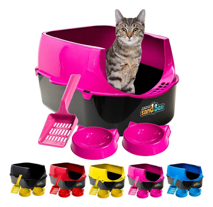 Cat Litter Tray with High Sides - Ergonomic, Spacious, Durable Litter Box with Rounded Design, Open Top, Easy to Cleaning - Complete Kit with Scoop and Feeder Bowls - Pink