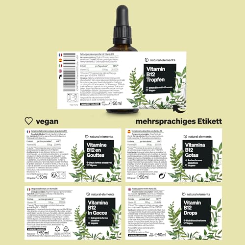 natural elements Vitamin B12 Tropfen – 50ml – 500µg B12 pro Tropfen – Jahresvorrat – 2 Aktivformen (Methyl- & Adenosylcobalamin) – vegan, ohne Alkohol – in Deutschland sorgfältig laborgeprüft 5
