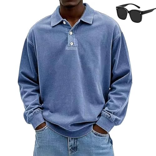 Vintage Long-Sleeved Polo, Men's Retro Fashion Distressed Washed Cotton Lapel Long Sleeve Polo Shirts - Main Image