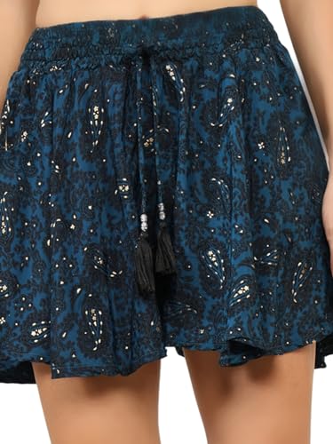 Image of KE KANHA EXPORTS Women's Boho Printed Viscose Flared Shorts | Skort‑Style Silhouette | Elastic Waist with Tassel Drawstring | Lightweight Summer Casual