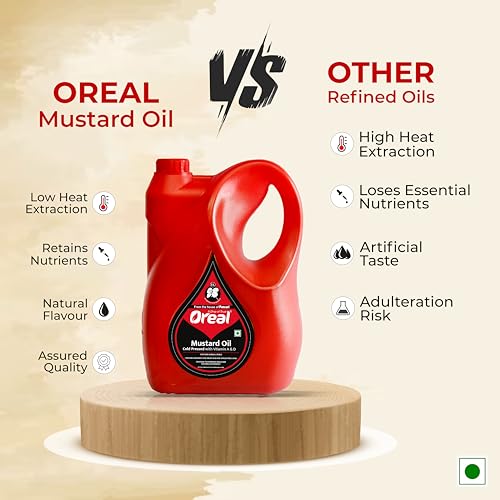 Image of Oreal Premium Kachi Ghani Mustard Oil | 5 Litre | Natural & Pure Sarson Ka Tel | Cold Pressed | Cholesterol-Free | Rich in Omega 3 & 6 | Boosts Immunity | Ideal for Cooking & Pickling Sarso Oil