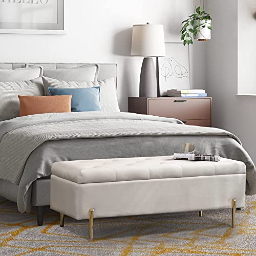 Apeaka Storage Bench Velvet Upholstered Tufted Settee Bench For Bedroom Living Room Entryway Rectangular Ottoman Bench Ivory #TOP2