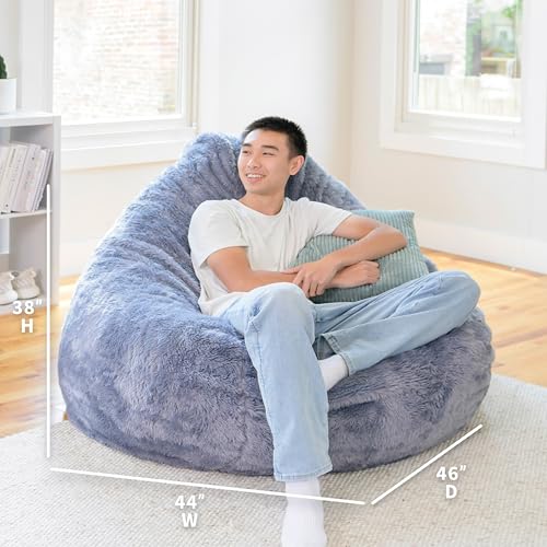 Image of Big Large Teardrop Foam Filled Bean Bag Chair with Removable Cover, Gray Short Shag, 4 feet Big | Premium Shredded Foam Filled, Short Shag, Adult-Sized Comfortable Seating, Supports Up to 300 lbs, Perfect for Reading Nook