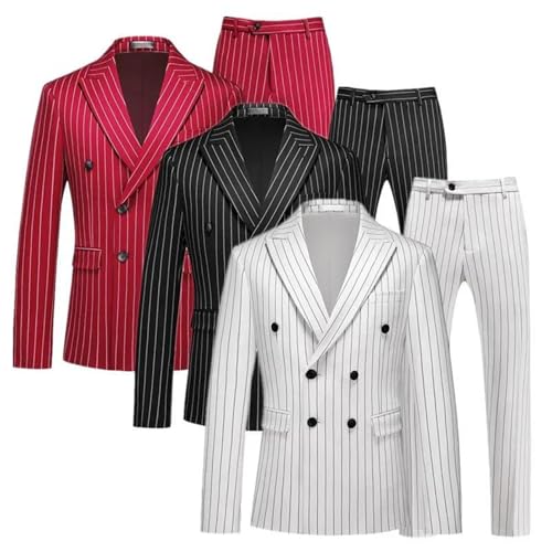 Men's Double-Breasted Striped Two-Piece Suit Set Blazer Trousers Wedding Party Business Casual Outfit2