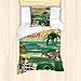 ABAKUHAUS Retro Set Copripiumino, Cuba Beach Ocean Palm, Decorativo 2 Pezzi con 1 Federa Cuscino, 135 x 200 cm - 80 x 80 cm, Verde Giallo Crema