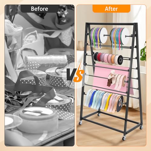 Image of WICHEMI 15 Tier Ribbon Storage Organizer, Double-Sided Metal Ribbon Rack with Wheels, for Craft Vinyl Rolls Scarf Belt Towel Organizer Shelf, Black