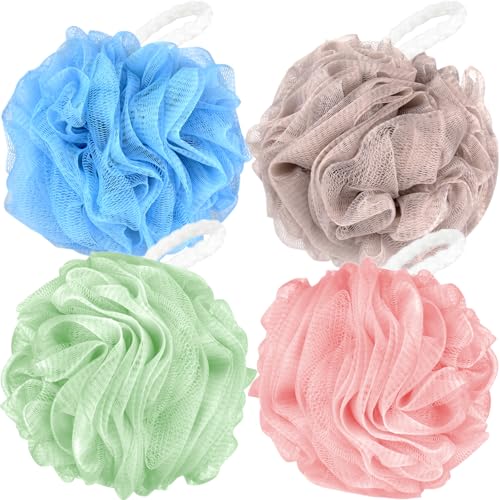 Image of Fu Store Loofah Sponge Shower Loofahs 4 Colors Bath Sponges Body Scrubbers | Mesh Balls 70g Luffa for Rich Lather Exfoliating Wash Back Scrubber Bathroom Men Women 4 Pack Cleaning Bathing Accessories