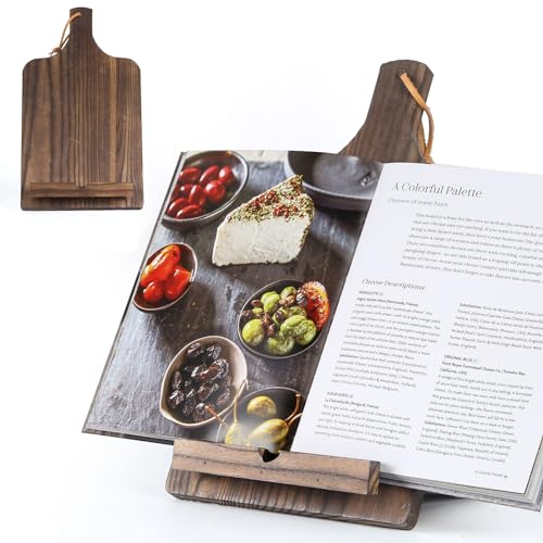CuffUp Rustic Cookbook Stand for Kitchen, Farmhouse Recipe Book Holder Magnetic Storage Vintage Wood Cookbook Stand Ipad Tablet Stand Portable and Foldable, Dark Brown