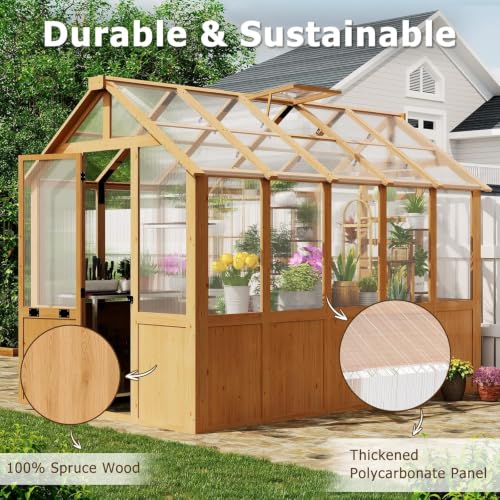 Image of EROMMY 6x10 FT Wooden Greenhouse for Outdoors, Walk-in Greenhouse Kit with 4mm Polycarbonate Panels, Adjustable Roof Vent, Lockable Door, Backyard Greenhouse for Plants and Vegetables