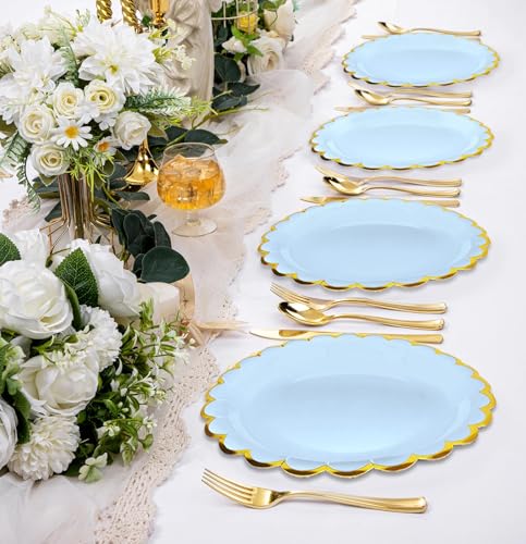 Image of HEIPINIUYE 50 Pieces Light Blue Paper Plates with Gold Foil 7 Inch Disposable Baby Blue Scalloped Dinner Plates for Wedding Baby Shower Birthday Party Dessert Plate