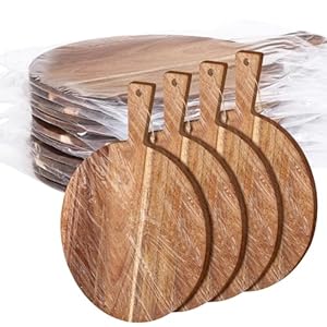 Patelai 12 Piece Round Wood Cutting Board Pizza Peel with Handle Laser Engraving Serving Board Charcuterie Cheese Bread Cutting Board Bulk for DIY Wedding Housewarming Gift(14 Inch, Acacia Wood)