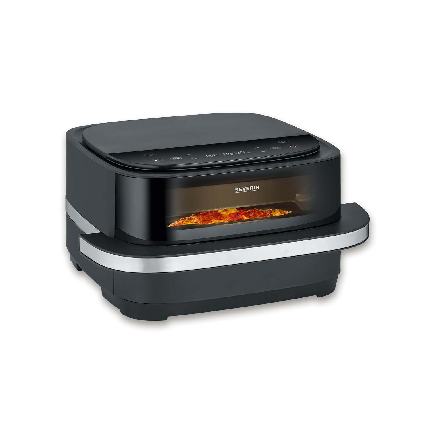 Severin Friggitrice ad aria calda Pizza & More, programmi per pizza, 10 programmi di cottura, distribuzione ottimale del calore, forma extra larga, con finestra di visualizzazione, 4 l, 2100 W, nero