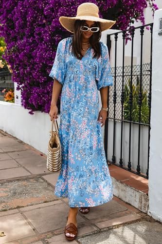Image of miduo Womens Loose Fit Casual Summer V Neck Half Sleeve Bohemian Geometric Pattern Maxi Long Dresses