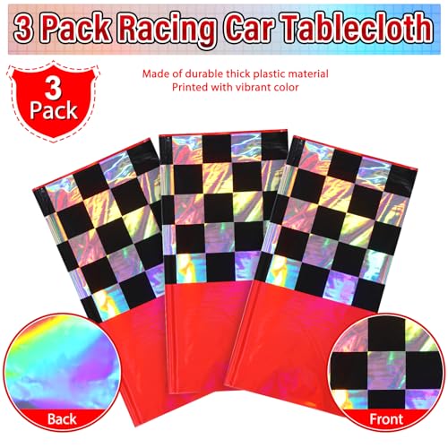 Image of 3Pack Iridescent Race Car Plastic Tablecloth, Disposable Shiny Laser Red and Black Checkered Table Cloth, Holographic Foil Rectangle Tablecloth for Race Car Boys Birthday Party Decorations, 54x108Inch