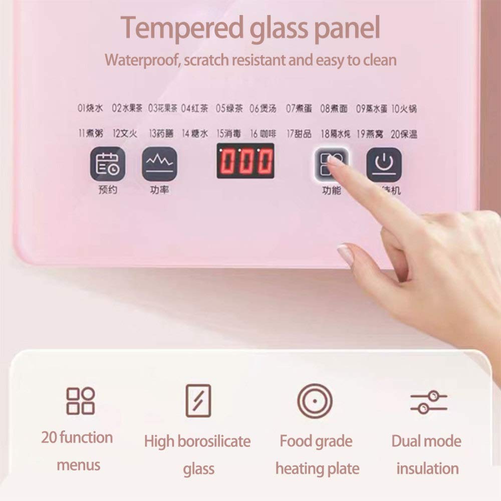 Teteras, Tetera Eléctrica, 1.8L de Té Eléctrico de Vidrio con Filtro, Tetera Inalámbrica con Control de Temperatura, Apagado Automático Y Protección Seca por Hervir, 800W/Rosado