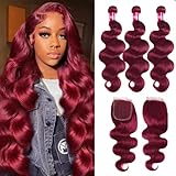 Burgundy Bundles Human Hair with Closure Body Wave 20 22 24+20inch 99j Burgundy Human Hair Bundles with Closure Win Red Brazilian Body Wave Bundle