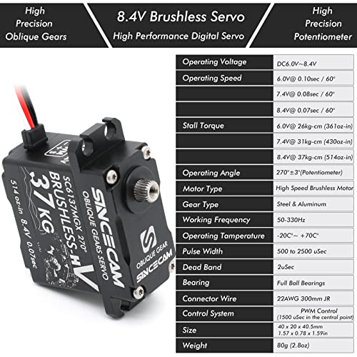 Sincecam 37Kg High Speed Brushless Steering Servo Waterproof Digital High Torque Power Hobby Rc Servo Full Metal Oblique Gear Aluminum Case Suitable 1/10 1/12 Rc Car Crawler Buggy(270°) #TOP3