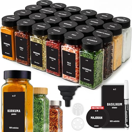 Deco haus® Gewürzgläser eckig luftdicht 24er Set [inkl. Etiketten & Streueinsatz] - Gewürzdosen Set Glas - Gewürzbehälter Spice Jars - Gewürze Aufbewahrung - Gewürz Organizer - Gewürzaufbewahrung